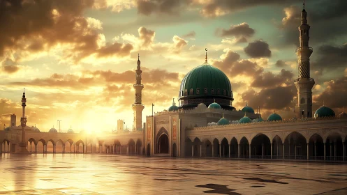 Sunlit mosque courtyard with emerald domes at dusk.
