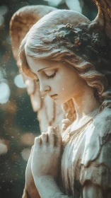 Frost-kissed stone angel in quiet winter prayerful reverie.