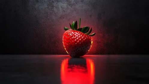 Illuminated strawberry on reflective surface in dark space.