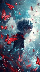 Chromatic anime portrait with crimson butterflies in motion