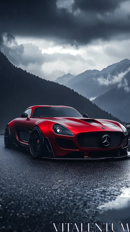 Red Mercedes sports car on wet mountain road in rain.