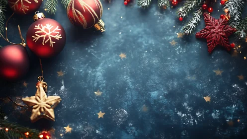Christmas ornaments border framing blue textured background