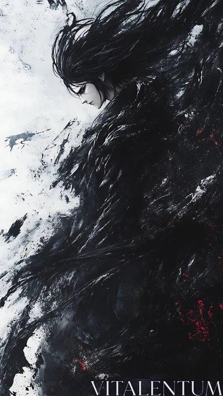 Brooding dark hero wrapped in swirling shadows and snow.