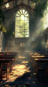 Sunlit abandoned classroom with ivy reclaiming wooden interior