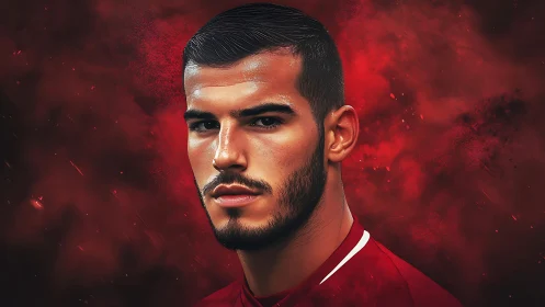 Digital portrait of focused male athlete in red kit.