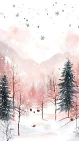 Snowy pink forest valley with distant deer under falling snow