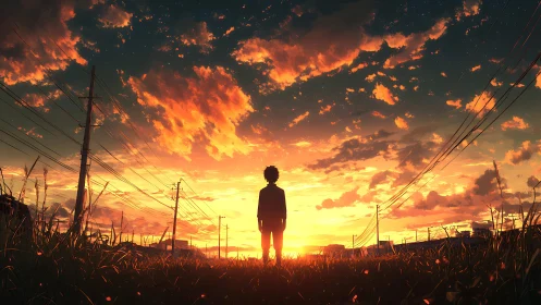 Sunset wanderer stands beneath electric sky of ember clouds.