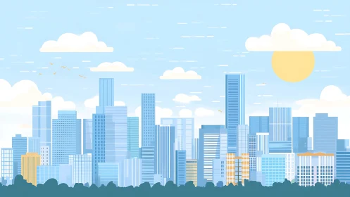 Illustrated city skyline depicts clustered modern high-rises
