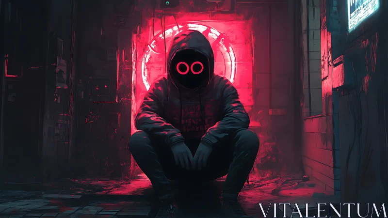 Hooded cyber figure before neon portal in ruined alleyway.