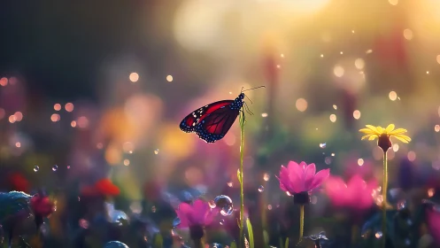 Butterfly rests on flower stem in soft-focus garden light
