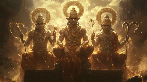 Divine golden trinity seated in celestial inferno glow.