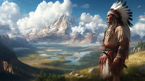 Native leader surveys vast alpine valley under towering peaks