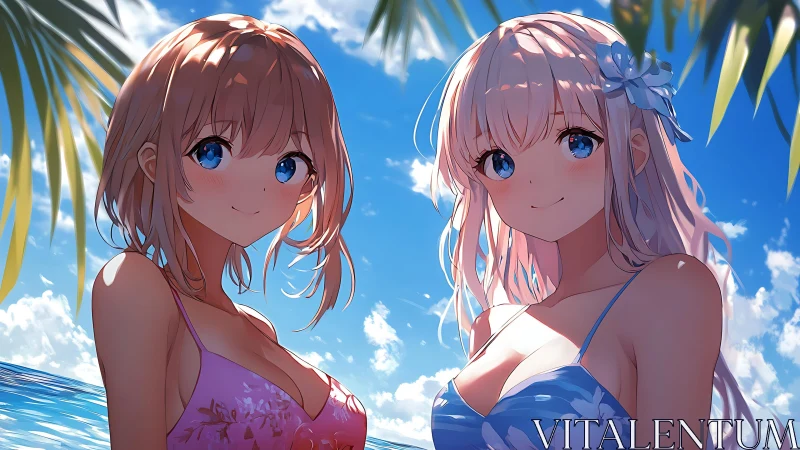 Smiling anime beach girls share a bright, sunlit summer moment