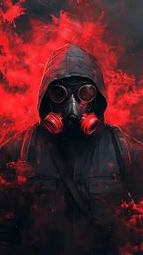 Hooded figure in gas mask stands amid swirling red smoke