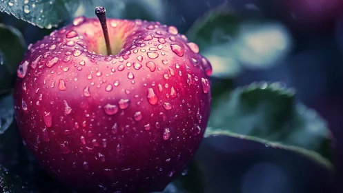Glistening red apple rests on the branch after gentle rain