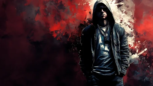 Hooded urban figure in high-contrast digital pigment storm.