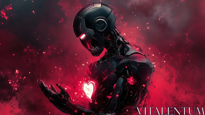 Cybernetic humanoid torso with luminous core in red nebular cloud