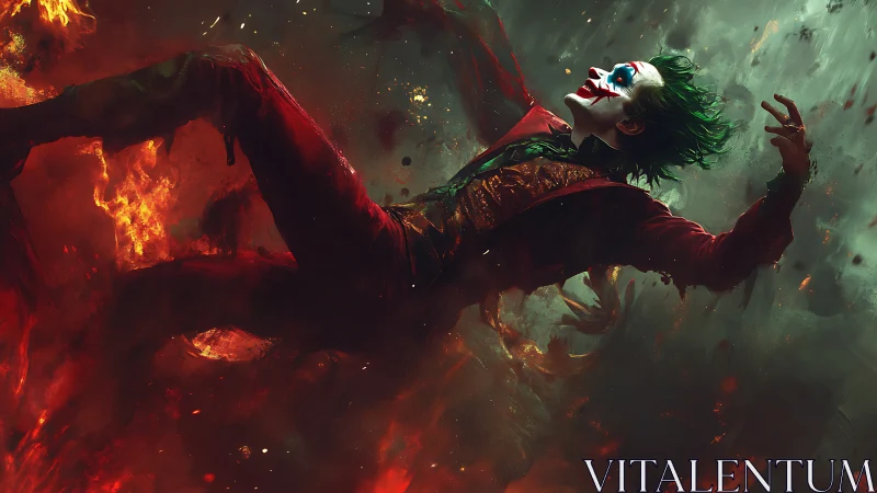 Clown-faced figure falling through infernal chromatic flames