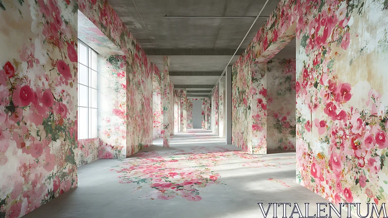 Floral mural corridor transforms raw concrete interior space.
