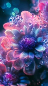 Iridescent macro flower in vivid pink and blue light.