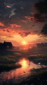 Soft dusk over riverside meadow and cozy lantern home.