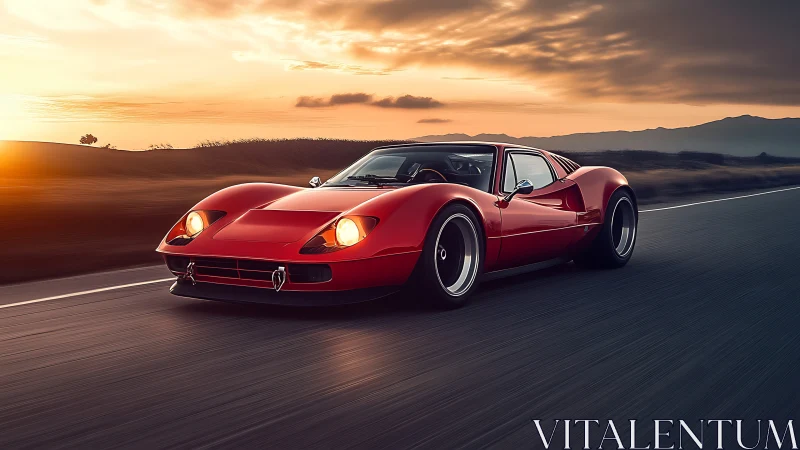 Crimson classic supercar chases molten sunset horizons.