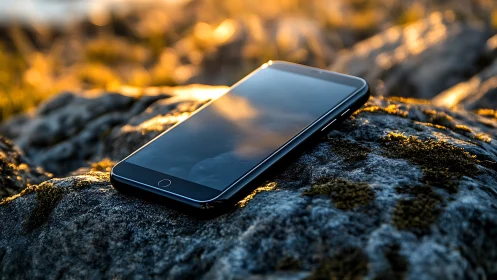 Mobile Device on Textured Stone with Golden Hour Illumination.
