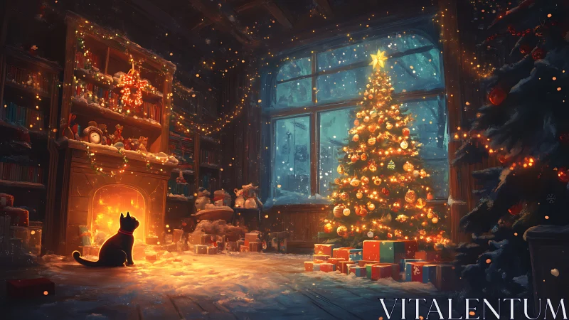 Glowing Christmas tree warms a snowy night through frosted glass