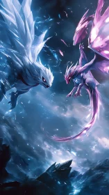 Celestial crystal dragons clash in a stormlit sky duel.