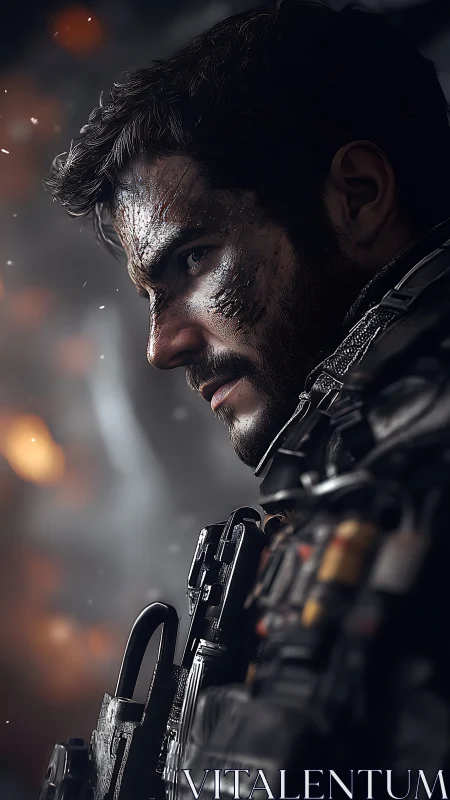 Battle-worn futuristic soldier stares into smoky chaos.