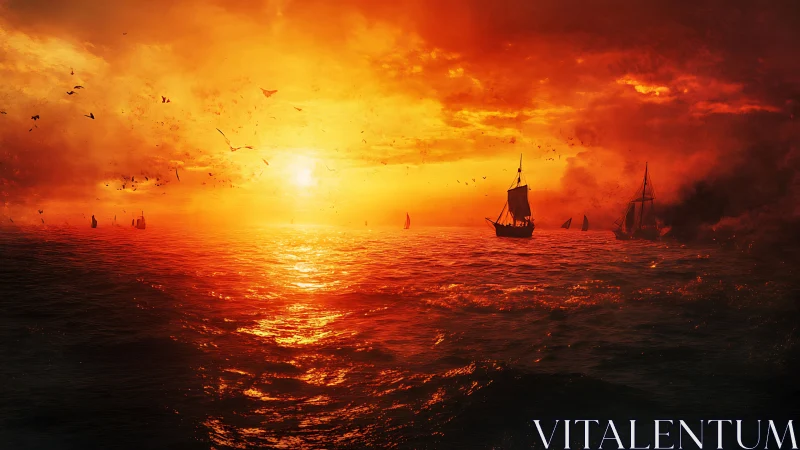 Crimson seascape with silhouetted ships at incendiary sunset.