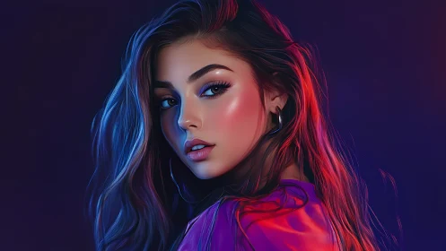 Female portrait under blue and magenta rim lighting.