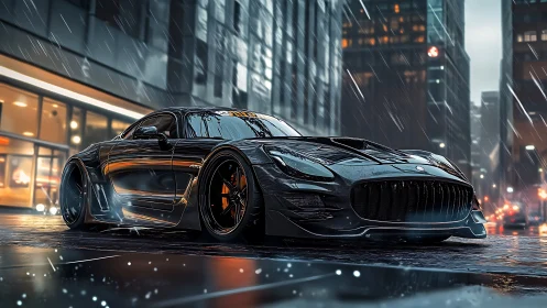Midnight carbon supercar on rain-soaked neon city street.
