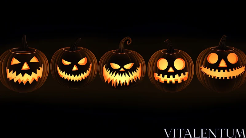 Glowing jack o’lantern lineup with mischievous grins aglow.