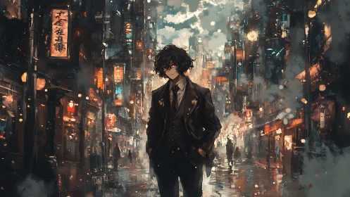 Solitary youth in neon-soaked alleyway at rainy midnight.