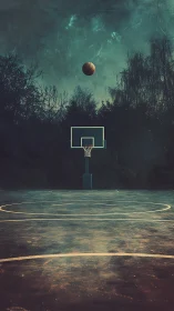 Solitary basketball arcs above empty dusk court in silence