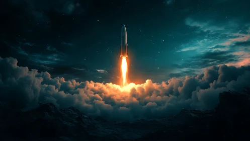 Midnight rocket launch pierces glowing cloud horizon.