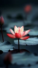 Photorealistic lotus macro with moody shallow depth of field.