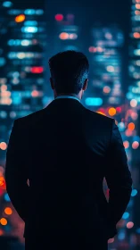 Silhouetted executive overlooking neon-lit cityscape.