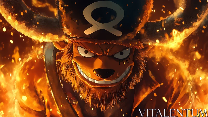 Fiery anime reindeer warrior advances through engulfing flames