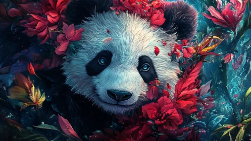 Digital painting portrait of panda amid crimson florals.