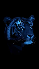Blue-toned stylized tiger portrait on black background.