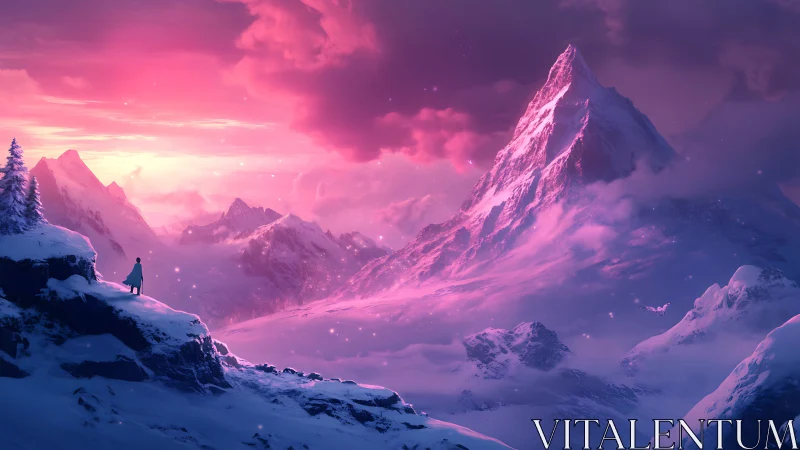 Solitary figure observing illuminated mountain range at dusk.