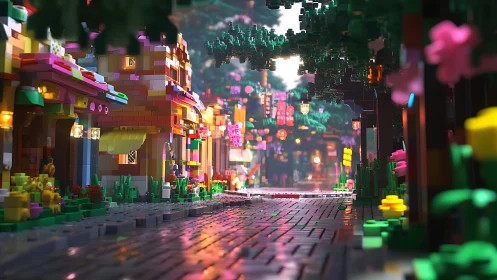 Brick-built street scene with shops and foliage at dusk.