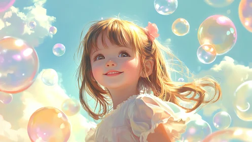 Smiling young girl among floating soap bubbles outdoors.
