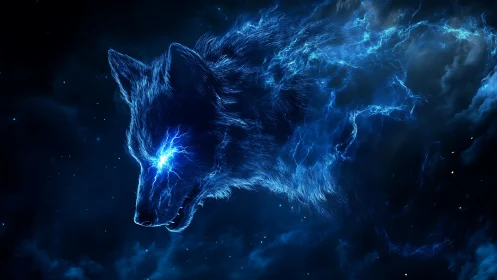Energetic spectral wolf head rendered in luminous plasma vectors