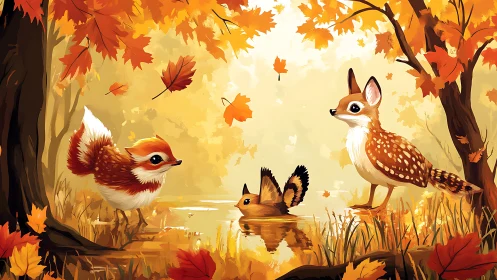 Autumn forest fauna tableau with stylized reflective water surface.