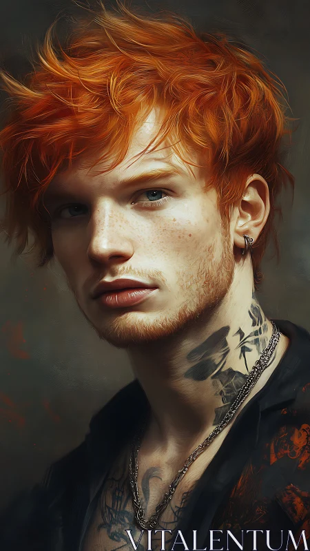 Fiery haired young man gazes softly with quiet confidence