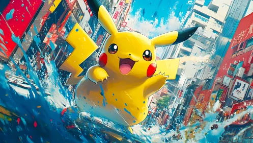 Pikachu splashes through colorful futuristic city street.