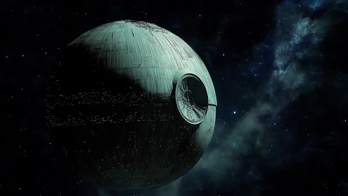 Mysterious metal moon drifting quietly through deep space.